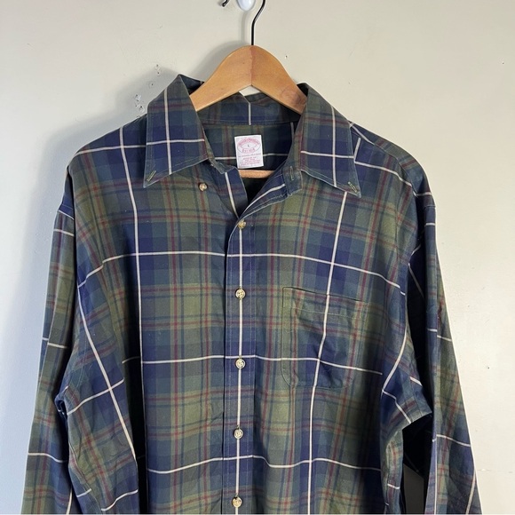Brooks Brothers 346 Men L Button Down Shirt Green Plaid Non Iron Supima Cotton - Picture 7 of 8